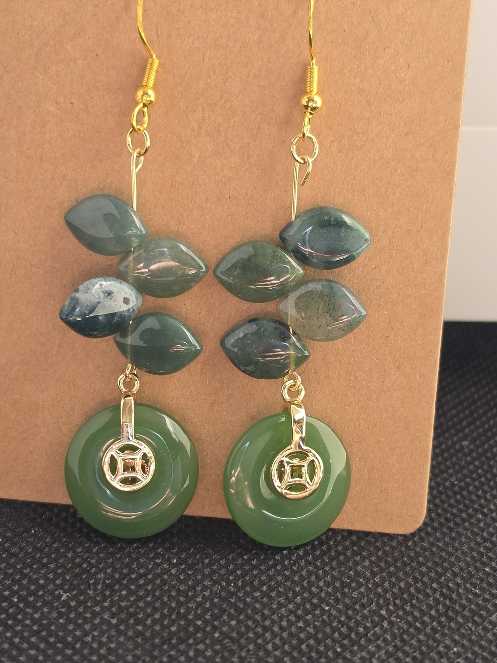 Green Jade-Inspired Drop Earrings with Gold Accents